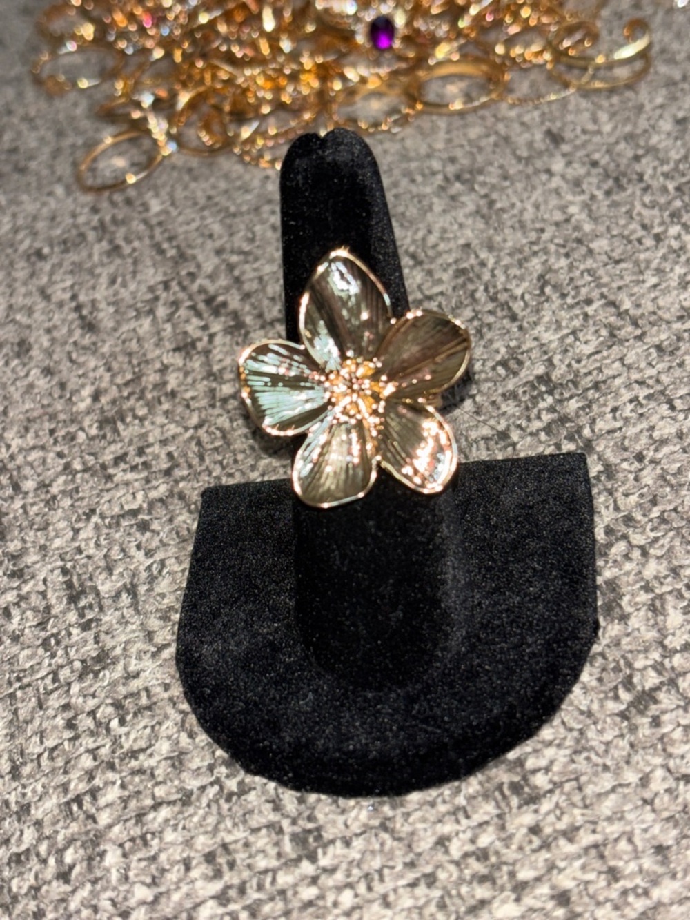 Gold Floral Statement Ring - Green Petal Accent size 7